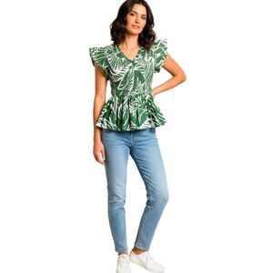 THML Anthro Green Leaf Prints Flutter Cap Sleeves Peplum Smocked Blouse NWT XS